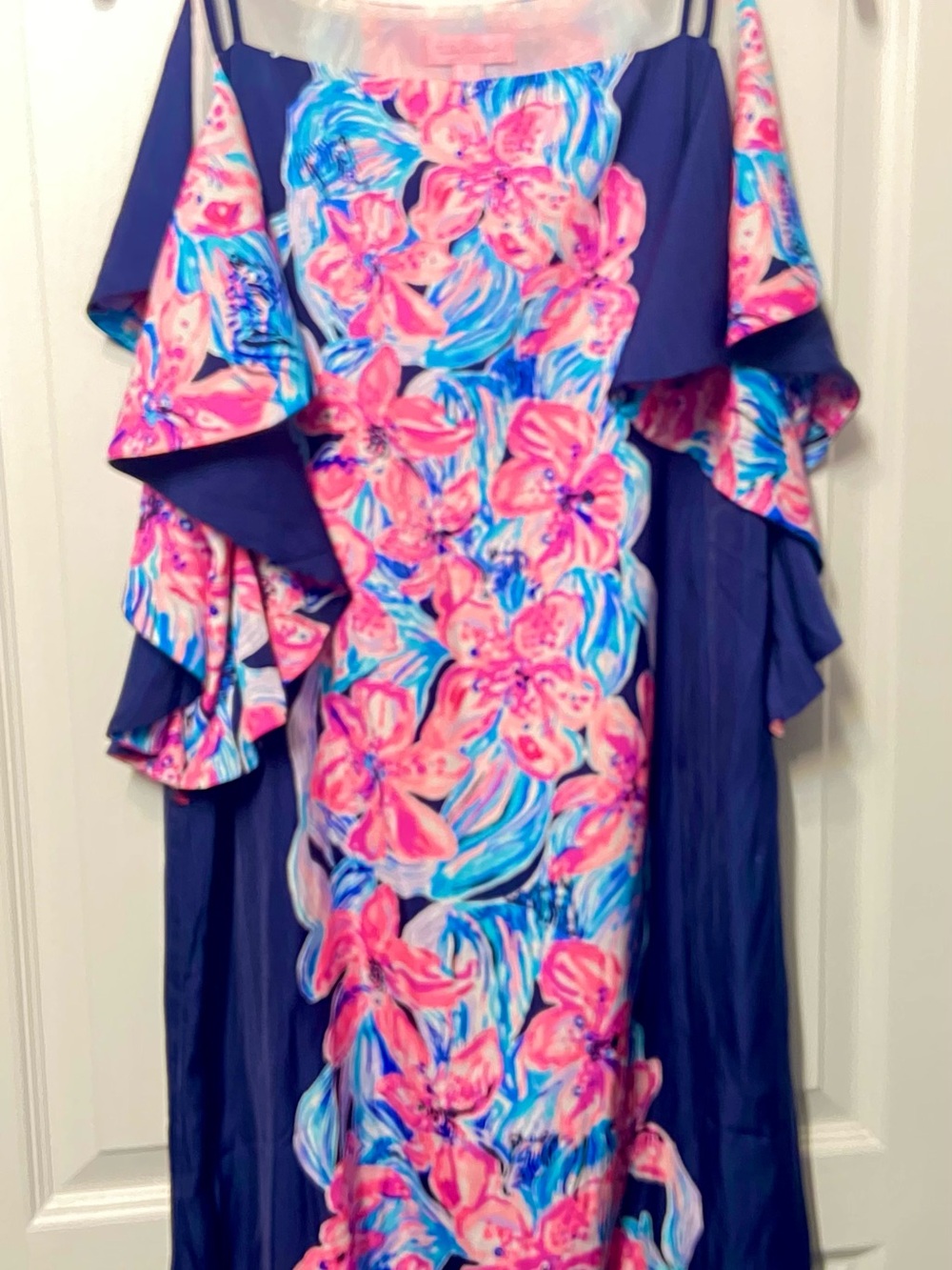 Lilly Pulitzer Navy & Pink Floral Off-the-Shoulder Dress Size L